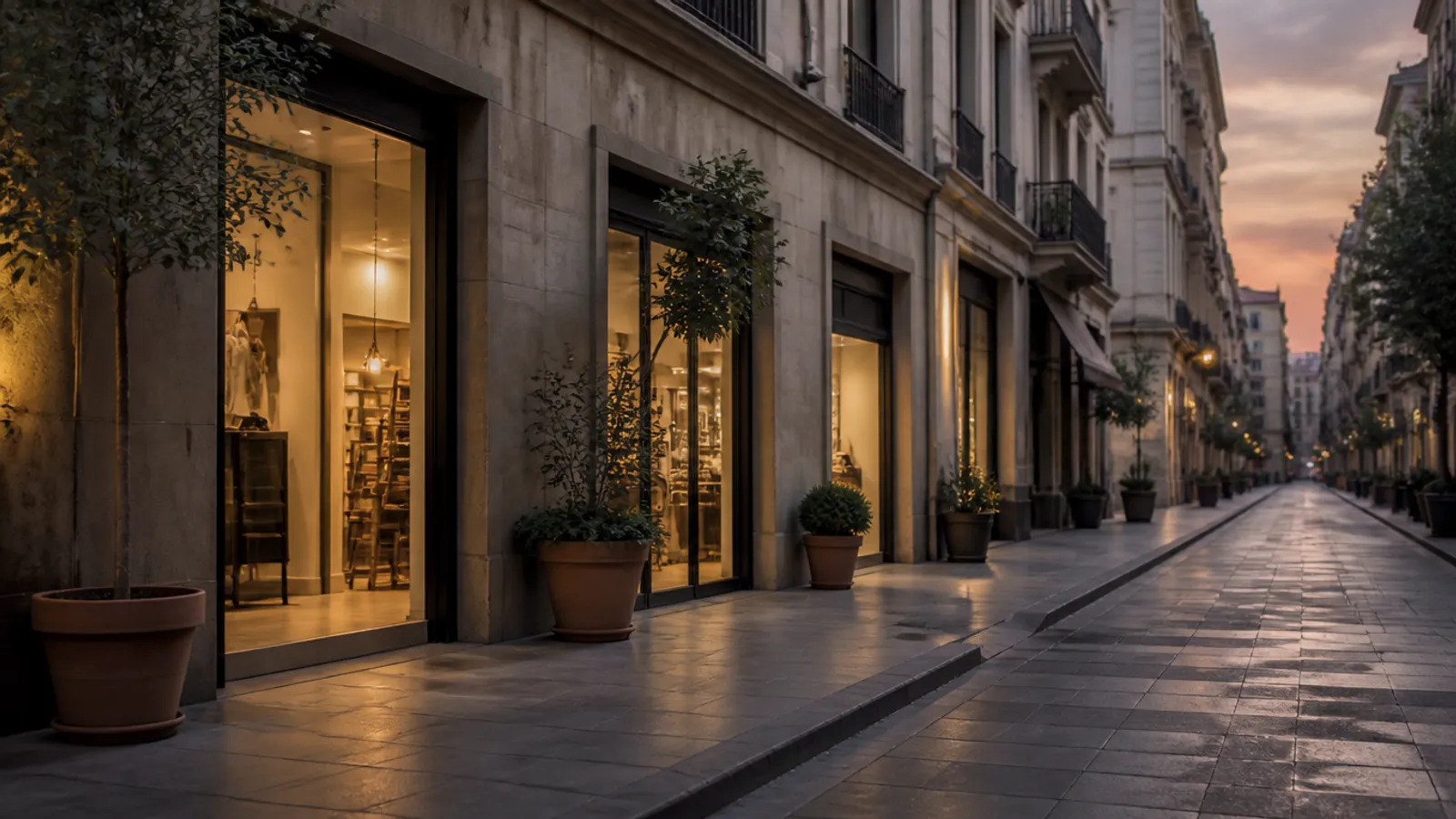 Calle comercial al atardecer, con escaparates iluminados de comercios locales y la acera en calma.